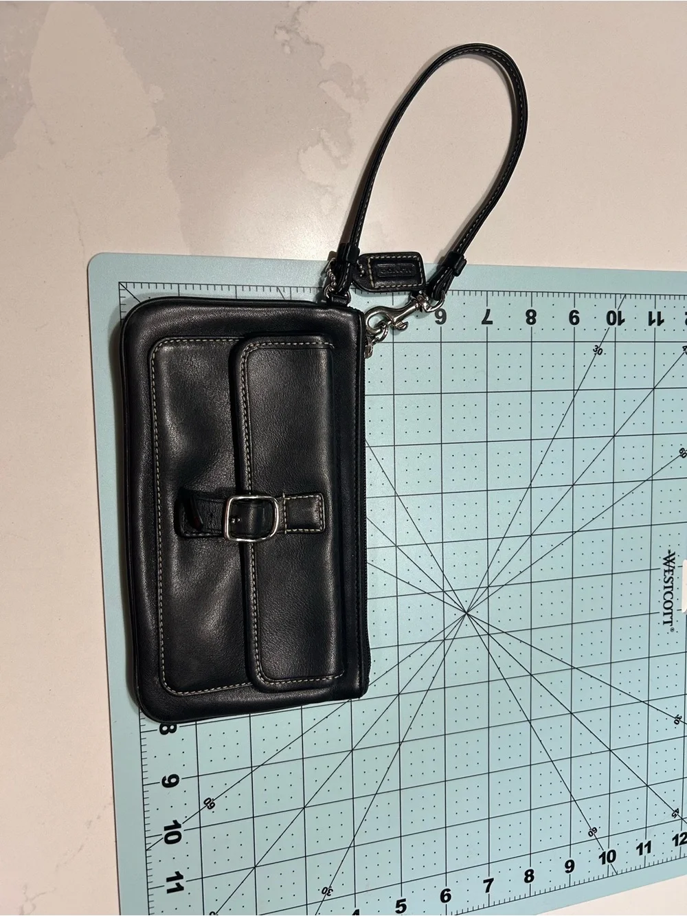 Coach Black Leather Clutch Wristlet with Front Buckle Pocket